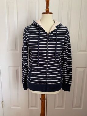 L.L. Bean Women's Striped Full Zip Hoodie Navy White XS Regular Long Sleeve